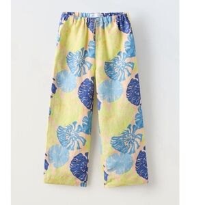 Zara Kids Blue and Yellow Leaf Print Linen Pants